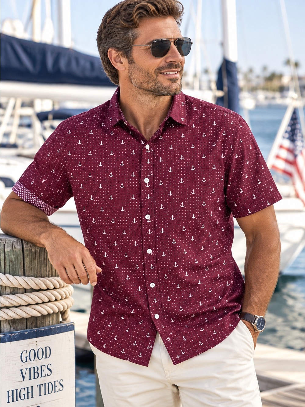 Denim & Flower Men's Short-Sleeve Anchor Print Shirt - Burgundy